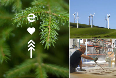 Epicurean Eco Friendly Collage featuring pine branches, power generating windmills, and cutting board process